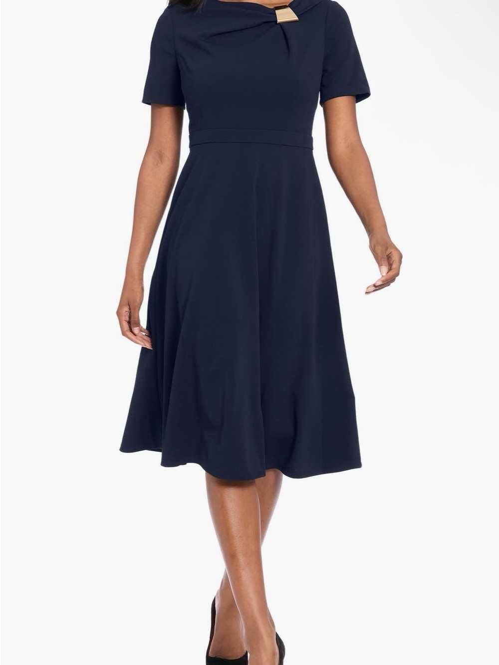 London Times Navy Short-Sleeve Midi A-Line Dress with Drape Neck